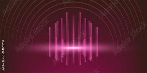 The background has a dark pink tone, which resembles a sound wave made up of high and low lines. There are pink dots and circles around it to create depth and interest in the image.