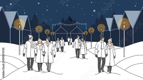 People walking through a snowy winter market illuminated by warm torchlight under a starry night sky