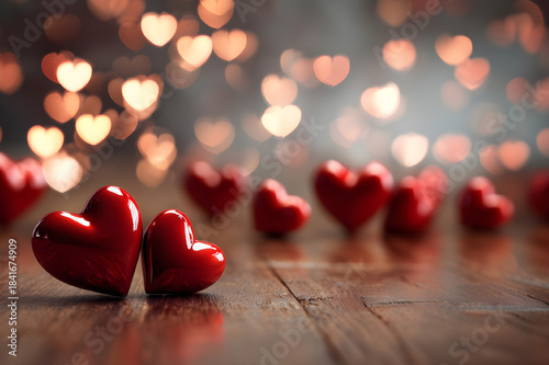 valentine hearts on wooden background  bokeh