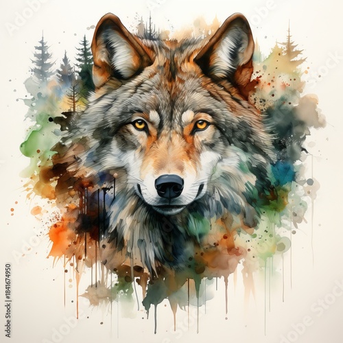 Majestic Watercolor Wolf Portrait. Spirit of Forest. Wild Animal Mascot. powerful and Cruel Wild Dog Face Portrait Watercolor Art. 