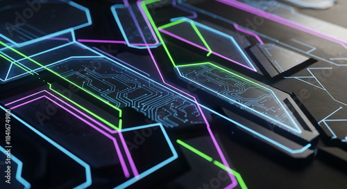 Dynamic abstract background featuring glowing neon circuitry lines in vibrant blue pink and green over a dark futuristic motherboard surface