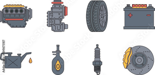 Automotive parts collection isolated on a white background in a grid layout
