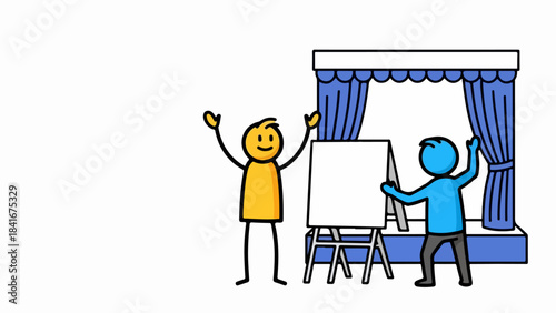 Two stick figures engaged in a stage presentation with blank easel on small platform. Yellow figure gestures excitedly, blue figure holds display board on stage with blue curtains.