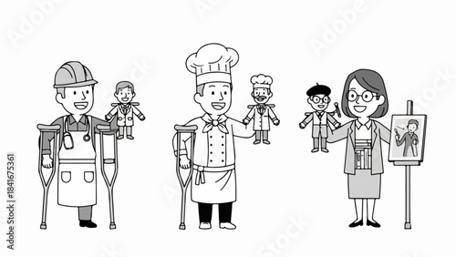Diverse professionals illustrating disability career success, featuring construction worker with crutches, chef with crutches, and painter. Each individual holds small figure, symbolizing achievement,