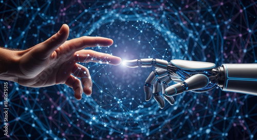 Stunning connection between human hand and advanced robot finger sparking digital light against a complex network background symbolizing future technology and collaboration