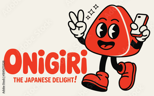 Onigiri the Japanese Delight Illustration with a Cute Red Onigiri Character Making a Peace Sign
