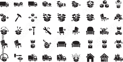 Furniture Delivery, Logistics, and Packaging Solid Icons Set