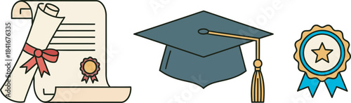 Graduation symbols celebrating academic achievement with diploma cap and honor ribbon