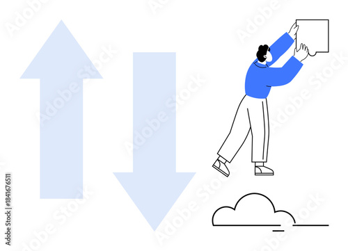Business progress concept. Business success highlighted through rising and falling arrows. Business growth with person striving for goals. For startups, analytics, career growth, visionary, strategy