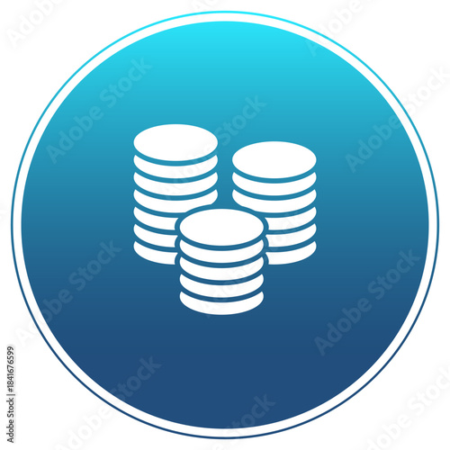 FinTech Savings Icon: Vector stacks of coins in a circle, featuring a blue gradient background. Symbol for money, finance, savings, investment, wealth, and banking applications and digital wallets