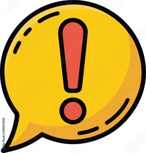Bright yellow speech bubble vector containing a bold red exclamation mark, signifying alert or warning