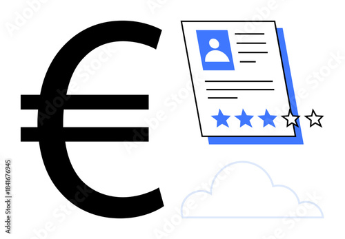 Euro sign next to a profile document displaying star reviews above a cloud. Ideal for finance, recruitment, evaluation, online profiles, ratings, cloud technology, and modern simplicity in flat