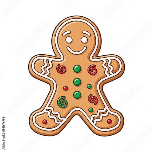A cheerful gingerbread man with icing details and a smiling face