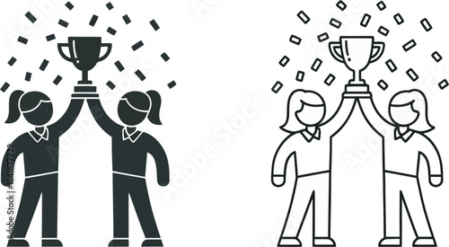 Three versions of celebrating children raising a trophy in joyful success