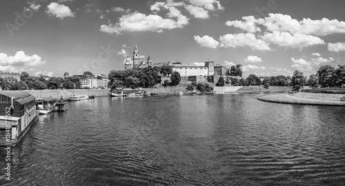 Krakow, Poland: Wawel castle and the Vistula river waterfront in black and white