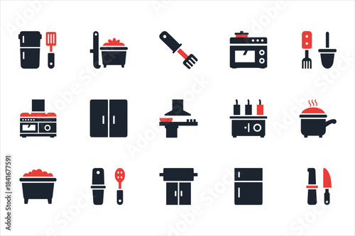 Collection of kitchen utensils and appliances in black and red