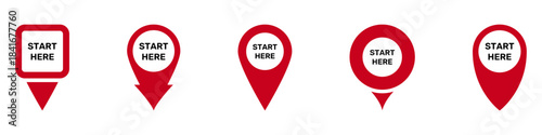 Start Here Location Pin Red Icon Set. Navigation, Beginning Point, And Map Marker Silhouette Symbol Collection. Directional Guidance And Route Planning. Isolated Vector Illustration