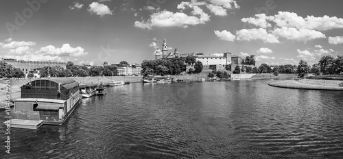 Krakow, Poland: Wawel castle and the Vistula river waterfront in black and white
