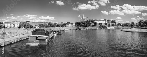 Krakow, Poland: Wawel castle and the Vistula river waterfront in black and white