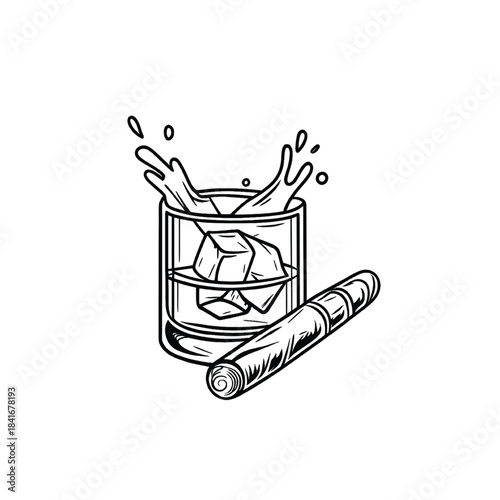 Whiskey Glass with Ice Splashing and Cigar Illustration in Black and White Line Art Style