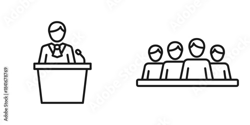 Speaker at podium and audience group icon set, line art style for presentation or public speaking event