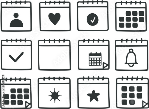 Hand-Drawn Doodle Calendar Icon Set (Date, Event, Reminder)