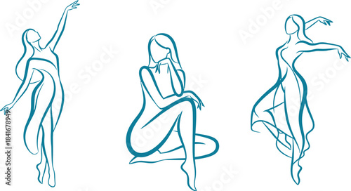 Elegant line art depicts three women in dynamic and graceful poses