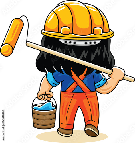 Construction Girl Worker with Paint Roller 