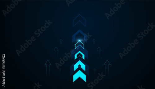 A series of glowing blue chevrons point skyward, capturing the concept of business acceleration and tech-driven progress. Abstract arrows rising