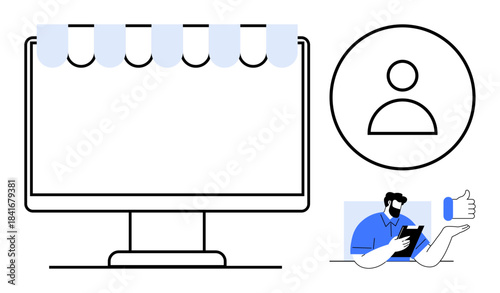 E-commerce, user profiles, digital engagement, online communication, social media, customer satisfaction. A computer screen, user icon and man holding a phone. E-commerce and user profiles concept