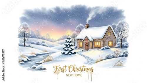 Watercolor Winter House Landscape, First Christmas New Home Scene with Snowy Cottage and Christmas Tree
