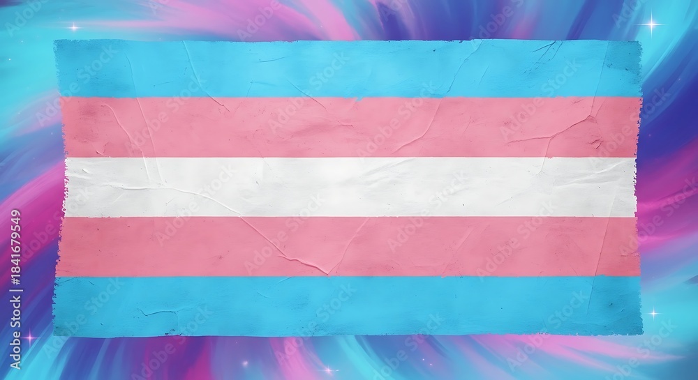 Fototapeta premium A textured, rectangular flag with three horizontal stripes of light blue, white, and pink, set against a colorful, swirling background