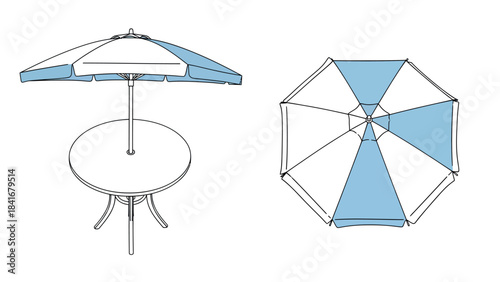 Outdoor patio umbrella and round table top view, vector illustration