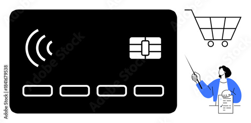 Contactless card with wireless signal, empty shopping cart, and person holding receipt. Ideal for e-commerce, payment, technology, shopping, finance retail digital wallet. Clean flat metaphor