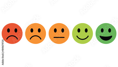 Emotional feedback face icons in colored horizontal sequence for surveys and UX tools