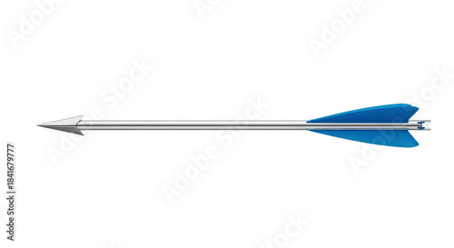 Single arrow with blue feathers and silver shaft with copy space