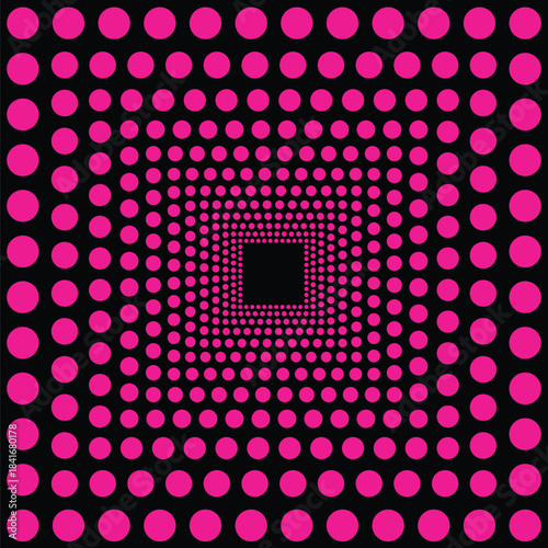 Visual effect created by squares of neon mint green circles on a black background, getting progressively smaller