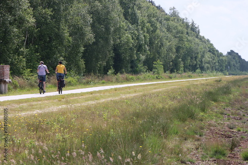 Radfahrer auf einem befestigten Weg durch das Naturschutzgebiet Bourtanger Moor bei Twist ! Emsland, Niedersachsen, Deutschland