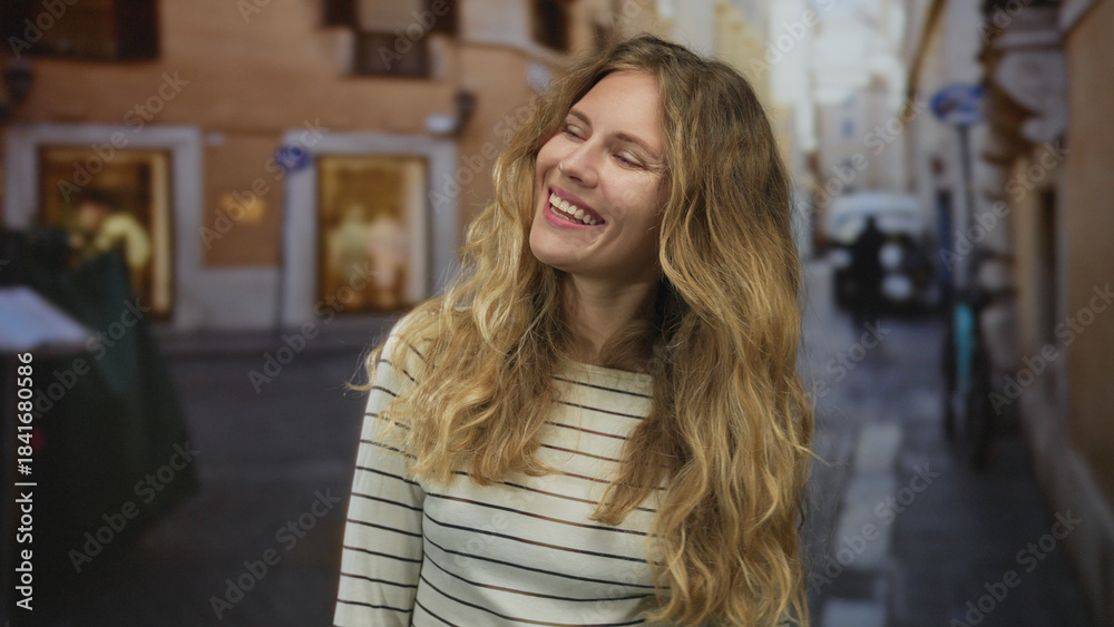 Fototapeta premium Woman hair smile on street portrays blonde young happy candid city natural moment.