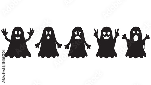 Ghosts cartoon lineup five ghost characters cute fun vector art