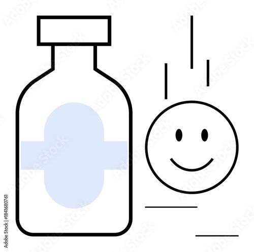Healthcare concept. Healthcare highlights medicine, wellness, and recovery. Healthcare with a medical bottle and smiling face for positivity. For medical care, therapy, well-being, pharmacy