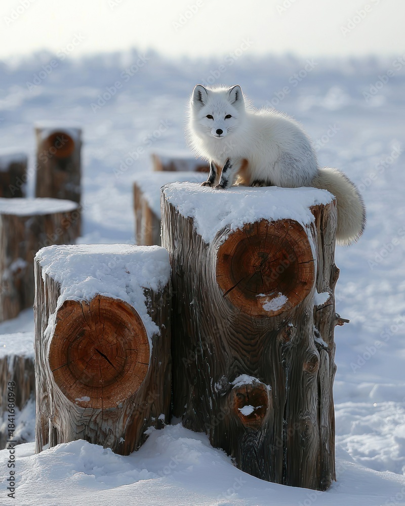 Naklejka premium Arctic fox perched on snowy tree stumps, looking at camera in winter scene