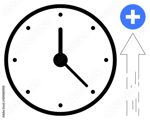 Time management, productivity, efficiency, progress, scheduling, planning. Black clock with upward arrow and blue plus sign. Time management and productivity concepts highlight scheduling