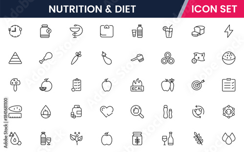 Nutrition and Diet, Healthy Food, and Detox Diet Vector Icons. Contains such Icons as Metabolism, Caunt Calories, Palm oil free, Zero trans fat, Probiotics, and more. Simple Outline icons collection.