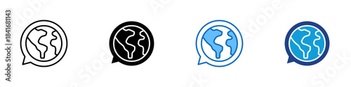 Global Chat Multiple Style Icon Design Vector - speech bubble containing a world map, representing worldwide communication or global discussions