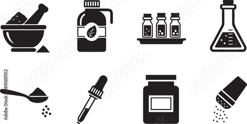 Digital black set of cosmetic icons and metal object