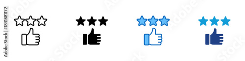 Star Review Multiple Style Icon Design Vector - Three stars paired with a thumbs up, representing positive review, approval, and high user satisfaction