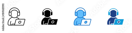 Tech Support Multiple Style Icon Design Vector - Person with a headset using a laptop, symbolizing online technical support or remote assistance