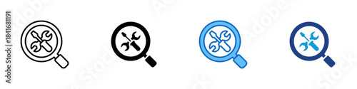 Tool Analysis Multiple Style Icon Design Vector - Magnifying glass over crossed tools, symbolizing diagnostics, repair check, system inspection, or tool review