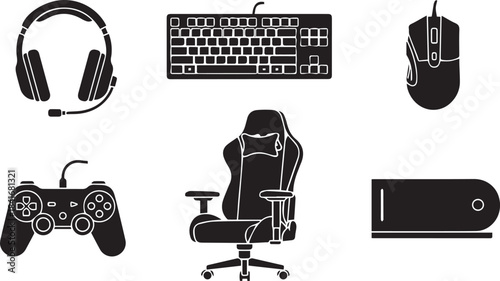 Computer icon set showing a woman sitting at an office desk working on a laptop with a computer mouse, a chair, and furniture vector design